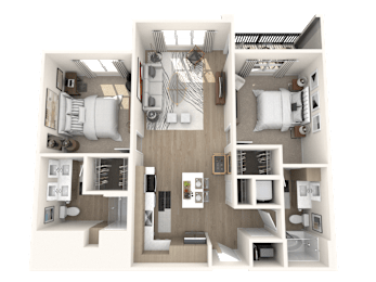 A 3D floor plan of a house showing a kitchen, living room, and two bedrooms