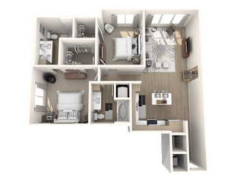 A 3D floor plan of a house showing a kitchen, living room, two bedrooms, a bathroom, and a garage