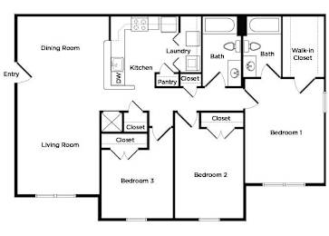 A floor plan of a house with a living room, dining room, kitchen, bathrooms, and three bedrooms.