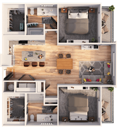 A top-down view of a house layout with a living room, kitchen, and bedrooms.