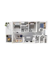 A white floor plan of an apartment with a kitchen, living room, and bathroom.