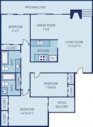 A blueprint of a house layout with labeled rooms and dimensions.