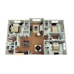A 3D floor plan of a house with a kitchen, living room, and bedrooms.