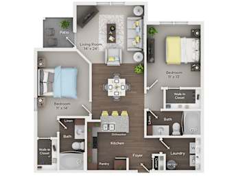 A floor plan of a small apartment with a living room, two bedrooms, a kitchen, a laundry area, and a patio.