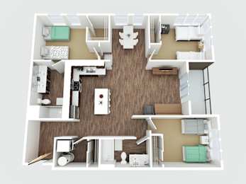 A top-down view of a small apartment with a kitchen, living room, and bedroom.