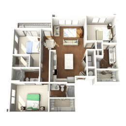 a 3d rendering of a 3 bedroom floor plan with roommates