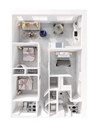 A white image of a dollhouse with furniture and decorations.