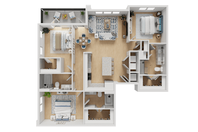 A detailed 3D floor plan of a small apartment layout.