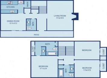 a two story house with a kitchen and a living room