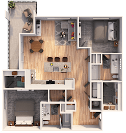 A top-down view of a house layout with a living room, kitchen, dining area, and bedrooms.