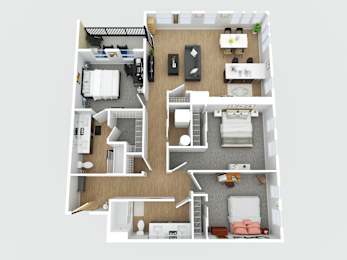 A top-down view of a small apartment with a kitchen, living room, and bedroom.