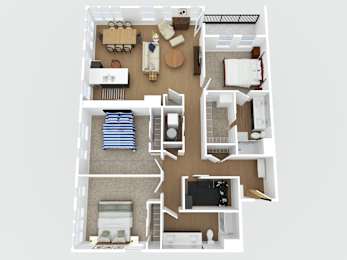 A top-down view of a small apartment with a living room, kitchen, and bedroom.