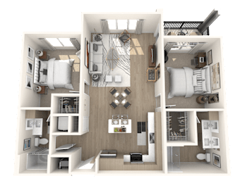 A 3D floor plan of a small apartment with a kitchen, living room, and bedroom