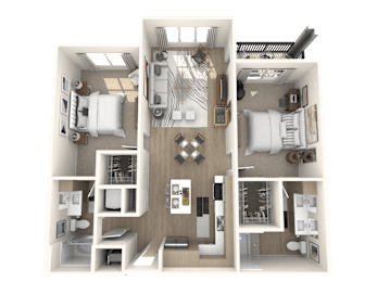 A 3D floor plan of a house showing a kitchen, living room, two bedrooms, and a bathroom