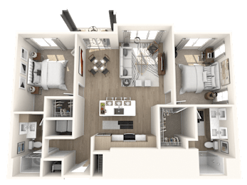A 3D rendered image of a modern, minimalist house layout