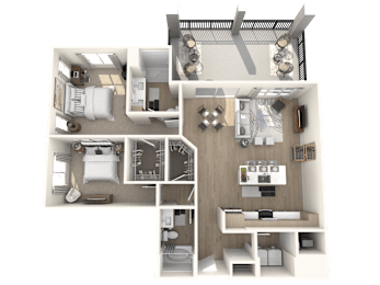 A 3D floor plan of a house showing a kitchen, living room, dining room, and bedrooms