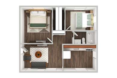 A top down view of a small apartment with a bed, desk, and kitchen area.