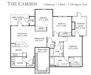 A floor plan of a 3 bedroom, 2 bathroom house with a total area of 1,526 square feet.