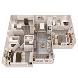 A 3D rendered image of a house layout.