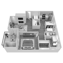 A 3D floor plan of a house showing a living room, kitchen, dining room, and bedrooms.