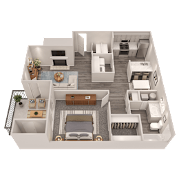 A 3D floor plan of a house showing a living room, kitchen, dining room, and bedrooms.