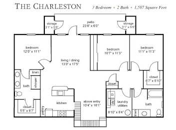 A floor plan of a three bedroom apartment with two bathrooms and a total area of 1,587 square feet.