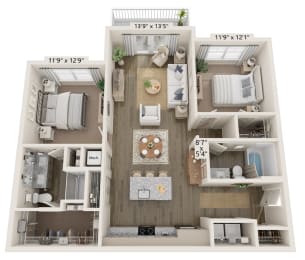 a 3d floor plan of a house with a bedroom and a living room