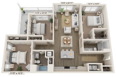 a 3 bedroom floor plan with a bathroom and a living room