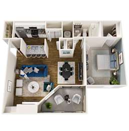 A top-down view of a small apartment with a kitchen, living room, and bathroom.