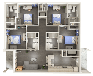 A 3D floor plan of a small apartment with two bedrooms, a living room, and a kitchen.
