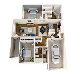 A top down view of a house interior with a car parked in the driveway.
