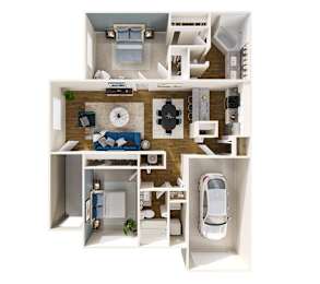 A 3D floor plan of a house with a car parked in the garage.