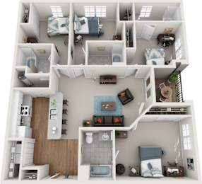 Floor Plan  A 3D floor plan of a small apartment with a kitchen, living room, and bedrooms.