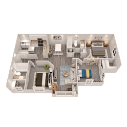 A 3D floor plan of a house with a living room, kitchen, dining area, and bedrooms.