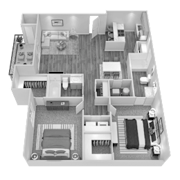 A black and white floor plan of a house with two bedrooms, a living room, a kitchen, and a bathroom.