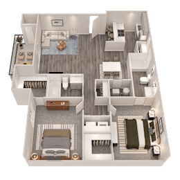 A 3D floor plan of a house with multiple rooms and furniture.