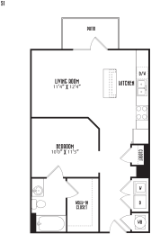 the floor plan of a bedroom apartment with a bathroom and a living room