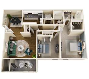 A floor plan of a house with a living room, kitchen, and bathrooms.
