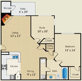 A floor plan of a house with a living area, kitchen, and bedrooms.