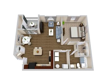 A top-down view of a well-furnished apartment.