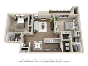 A 3D floor plan of a small apartment with a kitchen, living room, and bedroom.