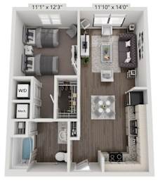 A floor plan of a small apartment with a living room, kitchen, and two bedrooms.