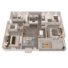 A 3D floor plan of a house with a living room, kitchen, dining room, and two bedrooms.