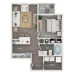 A floor plan of a house showing a living room, kitchen, bedroom, bathroom, laundry, and entry.
