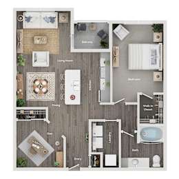 A floor plan of a house with a living room, dining room, kitchen, bathroom, and two bedrooms.