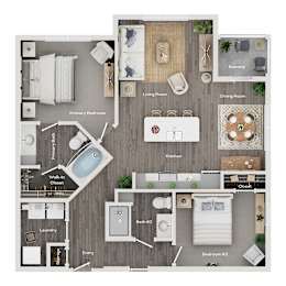 A floor plan of a home showing a primary bedroom, a living room, a dining room, a kitchen, a walk-in closet, a bathroom, and an entry.