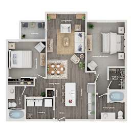 A floor plan of a house with a living room, dining room, kitchen, and bathrooms.