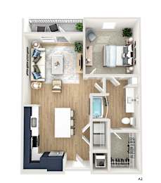 A top-down view of a modern apartment layout.
