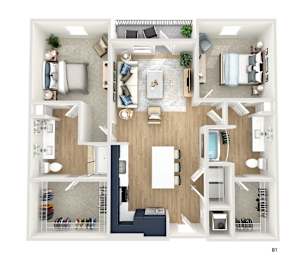 A top-down view of a well-organized apartment with a living room, kitchen, and bedroom.