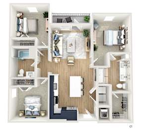 A floor plan of a house with a living room, dining room, kitchen, and bedrooms.